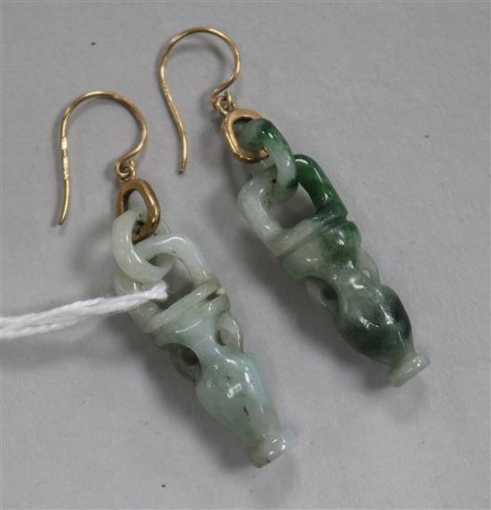 A pair of 9ct gold and jade drop earrings, modelled as hanging flower baskets, basket 30mm.